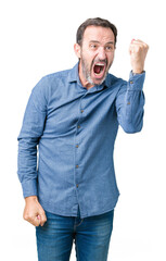 Canvas Print - Handsome middle age elegant senior man over isolated background angry and mad raising fist frustrated and furious while shouting with anger. Rage and aggressive concept.