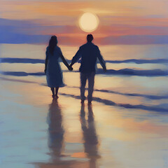 Couple holding hands on the beach at sunset. Pastel colors in impressionist style.