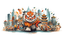 Chinese Lion Dance, Transparent Background, Modern Chinese City Illustration, Mid Century Illustration Generative Ai