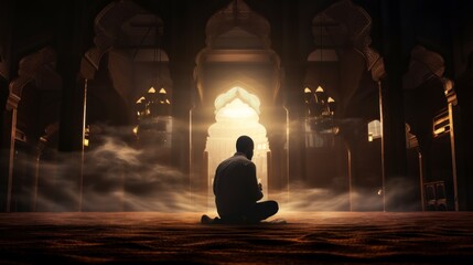 Wall Mural - Silhouette of Muslim man worshiping and praying for fasting and Islamic Eid culture in old mosque with lighting and smoke background, copy space - generative ai