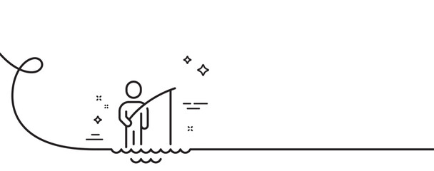 Poster - fisherman line icon. continuous one line with curl. fishing place sign. fisher with rod symbol. fish