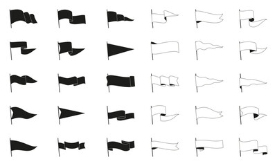 Poster - Retro black pennant flags. Outline knight heraldic triangular wavy pennants and flags for camping, wilderness and travel map decoration. Vector flat set of flag outline pennant illustration