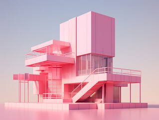 Wall Mural - 3D render of a modern minimal building in pink and violet colors.
