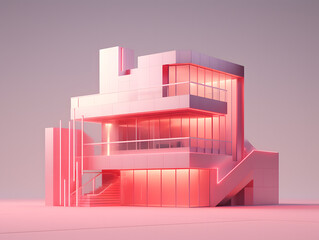 Wall Mural - 3D render of a modern minimal building in pink and violet colors.