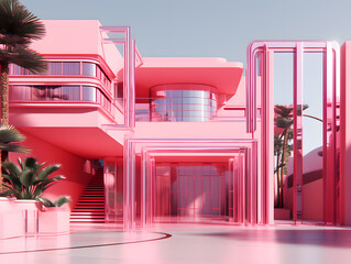 Wall Mural - 3D render of a modern minimal building in pink and violet colors.