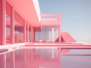 Wall Mural - 3D render of a modern minimal building in pink and violet colors.