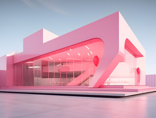 Wall Mural - 3D render of a modern minimal building in pink and violet colors.