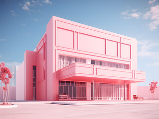 Wall Mural - 3D render of a modern minimal building in pink and violet colors.