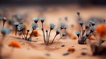 A Couple Of Little Blue Flowers Growing In The Dirt On A Sandy Beach