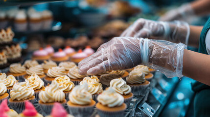 Hand piping frosting on delicious cupcakes.