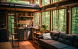 © thodonal - Cozy tiny house interior with loft bed and forest view