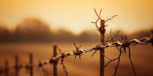 An Old Barbed Wire Stands Out In Sepia Tones, Wrapped Tightly Around A Wooden Post