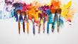 An array of colorful paintbrushes with bright paint splatters on a white canvas