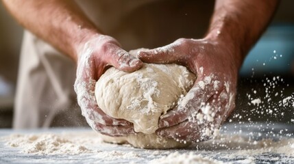 Bakers hands kneading dough for artisan bread