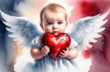 Little Angel Baby Holding A Red Heart In His Hands. Valentine's Day