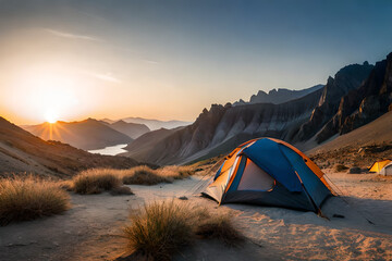 camping tent in the canyon at sunset  , outdoor activity