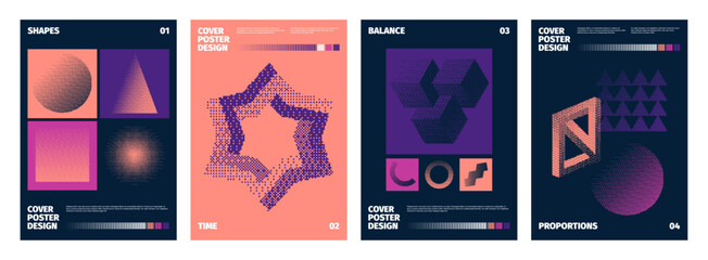 Pixel dither posters. Abstract minimalistic shapes with glitch and noise effects. Vector 90s retro bitmap cover design geometric shape futuristic, wireframe techno illustration
