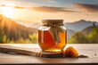 honey jar in a countryside background , rustic and wooden ambiance