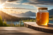 honey jar in a natural landscape , rustic and wooden ambiance
