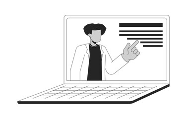 Poster - virtual teacher laptop black and white 2d line cartoon object. seminar e-learning. online lecturer n