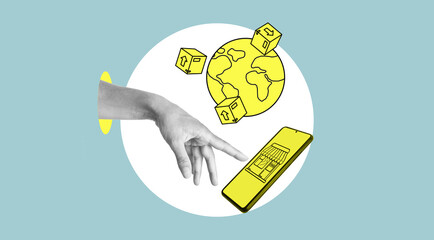 Poster - Mobile marketing. Shopping Online on Website or Mobile Application. Marketing and Digital marketing