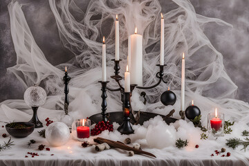 Wall Mural - burning candle, moon symbol, amulet and crystal ball lying on a light natural background. Witchcraft, esoteric spiritual ritual. photo Playground AI platform.