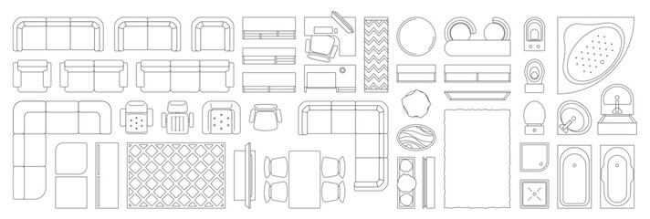 Linear interior furniture top view. Overhead floor plan of living room, kitchen, bedroom with armchair, sofa and bed. Home decoration plan vector concept. illustration of interior furniture plan