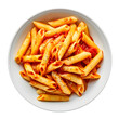 © Oksana_Latysheva - Penne pasta in tomato sauce on white bowl, top view, isolated on white background