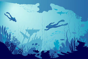 Wall Mural - Underwater landscape with divers, silhouettes of sunken ship, fish and seaweed. Vector illustration