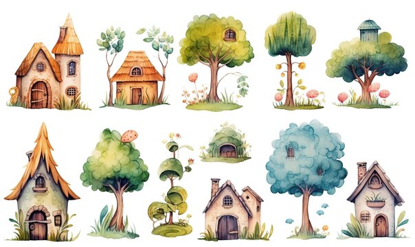 watercolor illustration with grungy texture, cute fairytale enchanted cottage, vintage house, collec