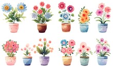 Watercolor Illustration With Grungy Texture, Spring Flower Pot Blossom, Collection Set Isolated On White Background, Idea For Junk Journal Or Scrapbook Design, Generative Ai