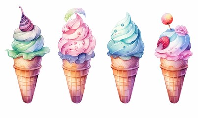 Wall Mural -  watercolor illustration with grungy texture, cute ice-cream cone with fresh fruit flavor, collection set isolated on white background, idea for junk journal or scrapbook design, generative Ai