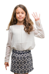 Poster - Brunette hispanic girl showing and pointing up with fingers number four while smiling confident and happy.