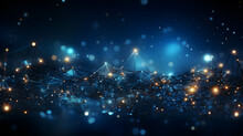 Abstract Futuristic Technology Background Banner With Waves, Straight Connected Lines And Glowing Dots As Pieces And Bits Of Information. Contrast Between Blurred And Focused Elements. 