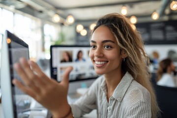 Wall Mural - Businesswoman vide chatting with coworkers at computer in office