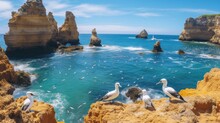 Panoramic View, Ponta Da Piedade With Seagulls Flying Over Rocks Near Lagos In Algarve, Portugal. Cliff Rocks, Seagulls And Tourist Boat On Sea At Ponta Da Piedade, Algarve Region, Portugal.



