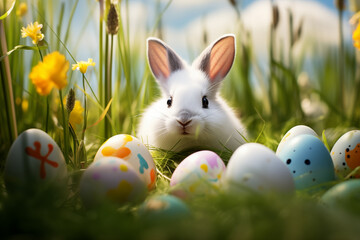 Wall Mural - White easter bunny and eggs in grass