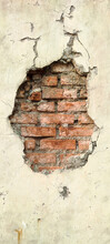 Red Brick Walls Visible Between Broken Cement Walls, Can Be Used As A Collection Of Backgrounds, Photo Frames. Broken Walls Like Pictures Of People's Faces Seen From The Side.