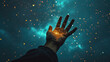 hand reaching out to starry night sky
