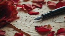 "Scripted In Love: A Valentine's Ode On Vintage Parchment" Close-up Of A Handwritten Love Letter With A Vintage Fountain Pen, Antique Paper, And Scattered Rose Petals, Capturing The Timeless Tradition