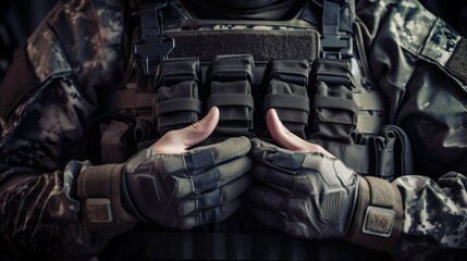 Wall Mural - Soldier in tactical outfit and gloves putting on protective armor vest.


