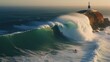 Surfer riding huge wave near the Fort of Sao Miguel Arcanjo Lighthouse in Nazare, Portugal. Nazare is famously known for having the biggest waves in the world.


