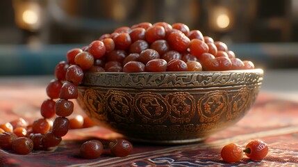 Wall Mural - Bowl of dried jujube berries on a wooden table.