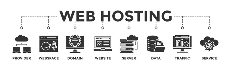 Web hosting banner web icon vector illustration concept with icon of provider, webspace, domain, website, server, data, traffic and service
