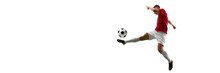 Precision In Flight. Football Player Kicks Ball Into Air, Creating Visual Masterpiece Against White Background With Negative Space To Insert Text. Concept Of Sport Games, Energy, World Cup Season. Ad
