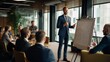 © liliyabatyrova - A small business, startup coach, a male speaker in a suit holds a presentation in an office for young businessmen.