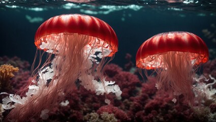 Wall Mural - the depths of the ocean with a unique underwater view of a vibrant red and white jellyfish, its delicate tendrils gracefully swaying in the currents