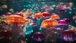 Gorgeous close-up of multiple vibrant jellyfish, their translucent bodies shimmering in the water as they float in a rainbow of colors.