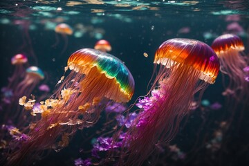 Wall Mural - eye-catching close-up of several colorful jellyfish floating in a rainbow of hues, their translucent bodies glistening beneath the water