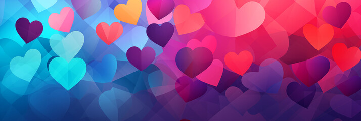 Wall Mural - Colorful geometric shapes hearts pattern background banner. Valentine's Day. Panoramic web header with copy space. Wide screen wallpaper.